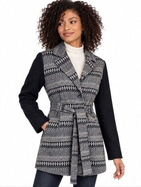 Tulle Wool Blend Belted Coat Women L Black Gray Geometric Fair Isle